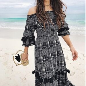 MISA• Nicoline Elegant Black and White Off-Shoulder Ruffle Dress. Sz XS